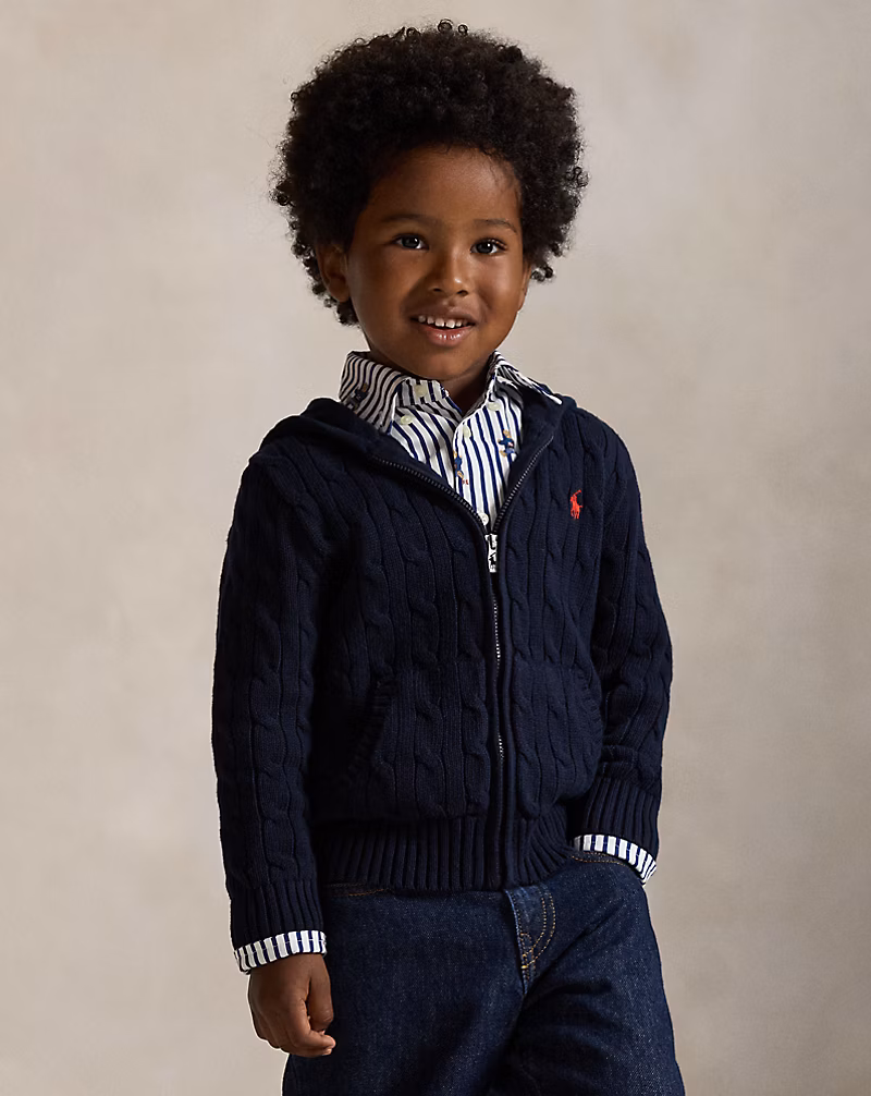 ケーブル コットン フーデッド フルジップ セーター