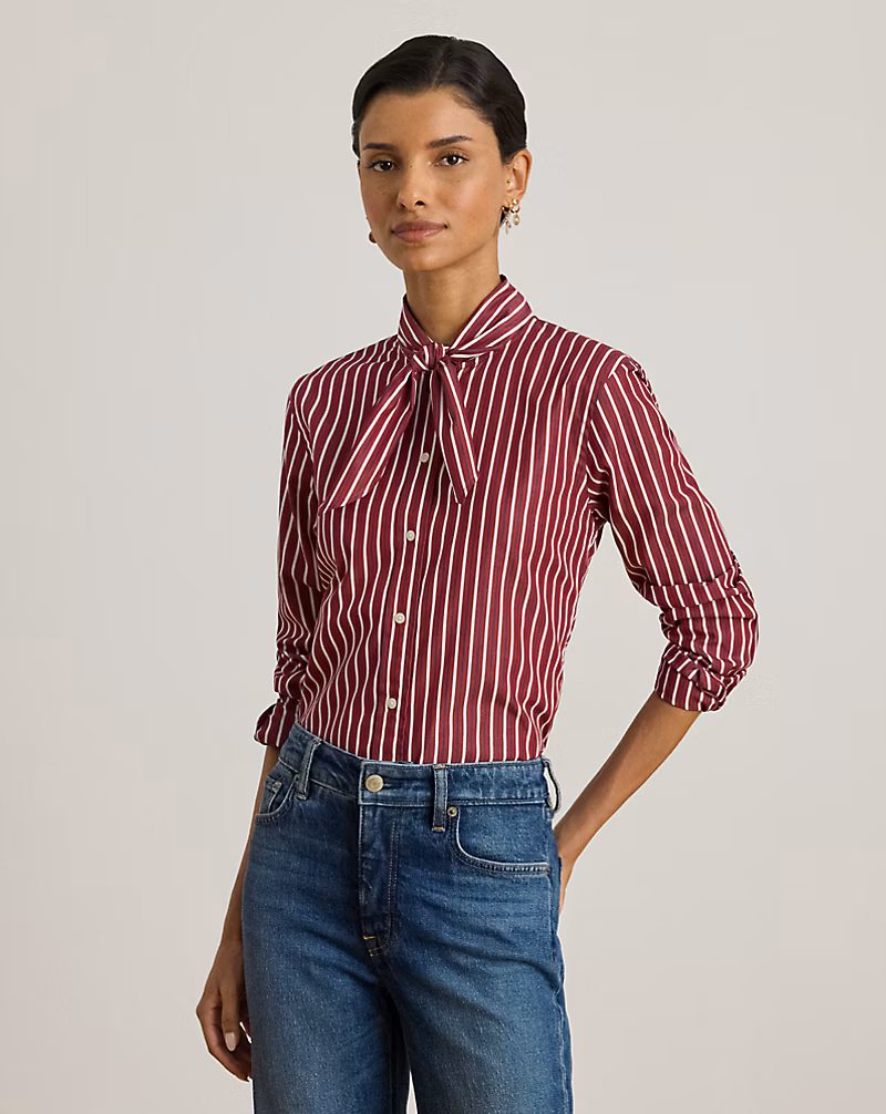 ストライプド コットン ブロードクロス タイネック シャツ