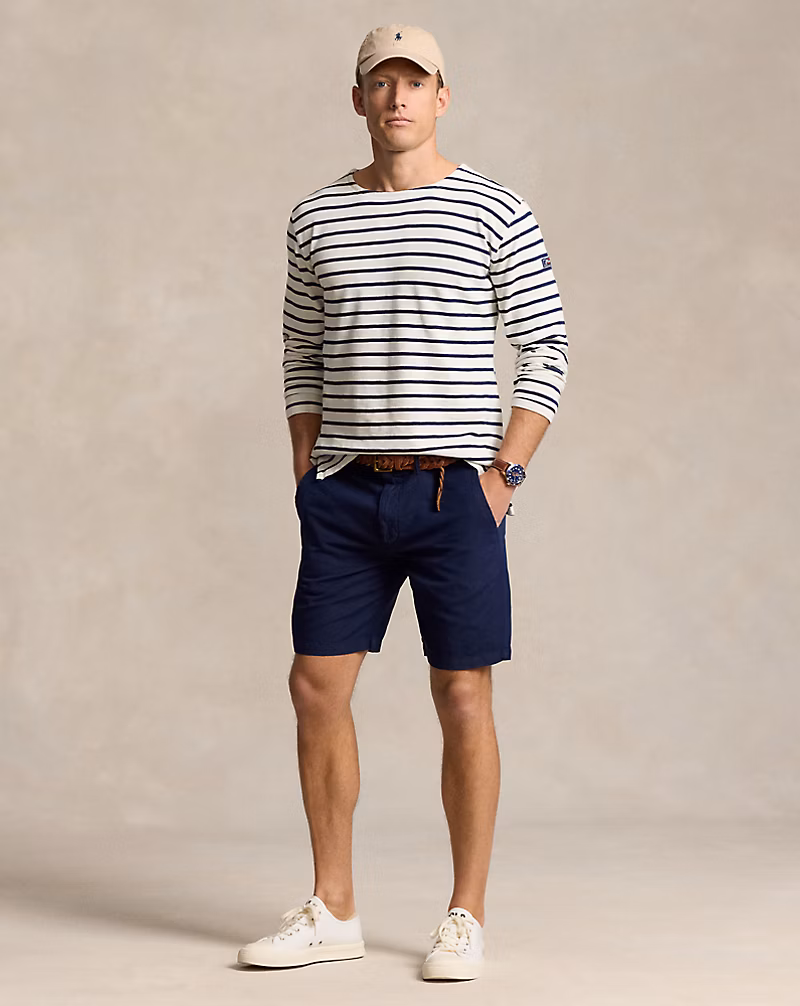 8.5インチ クラシック フィット リネンコットン ショートパンツ