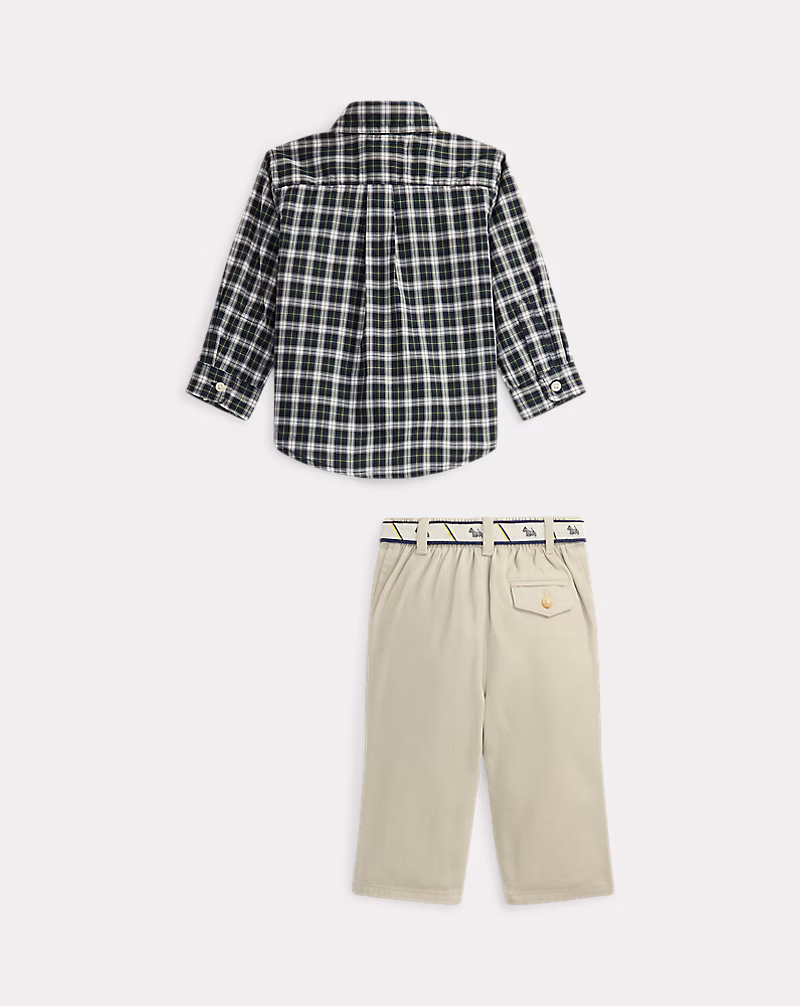 チェック シャツ、ベルト & キャンバス パンツ セット