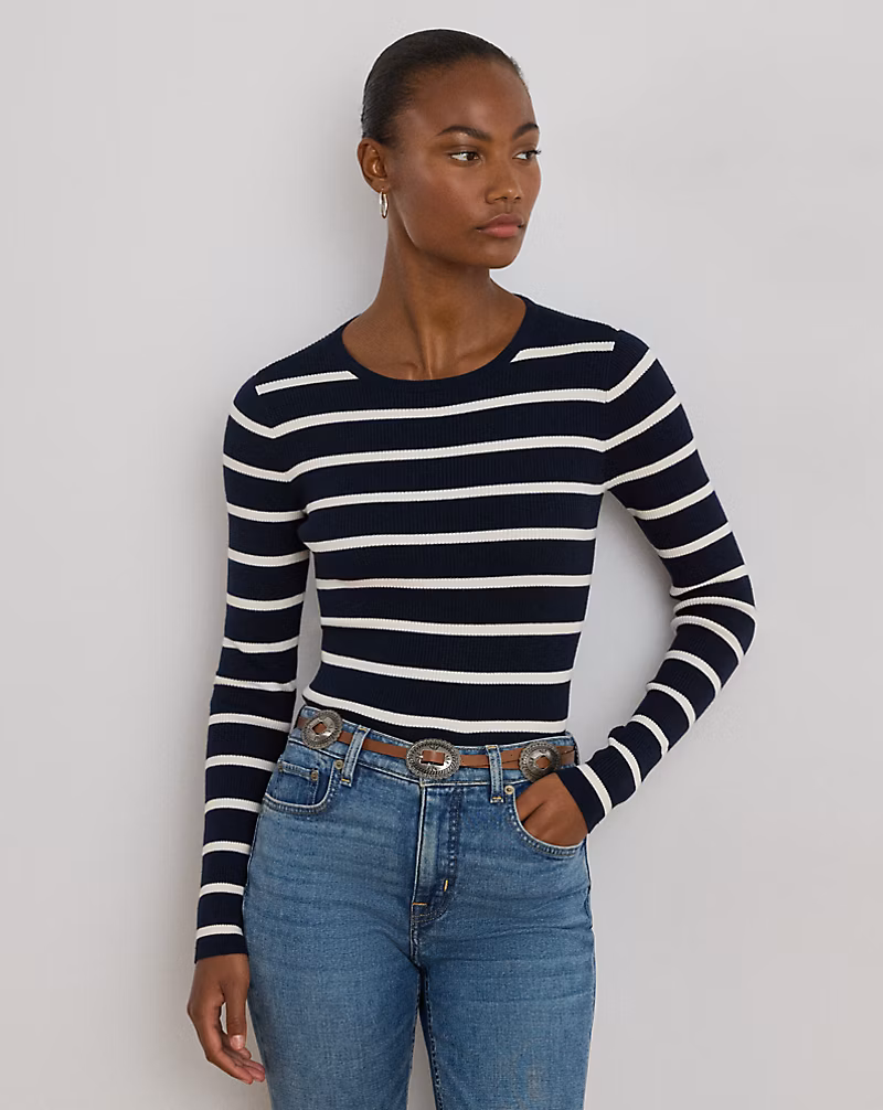 ストライプド リブニット クルーネック セーター