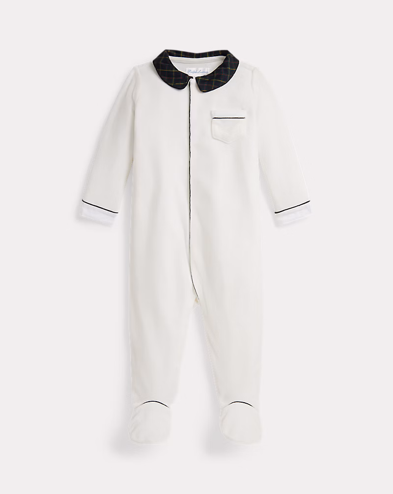 チェックトリム ベロア フッテッド カバーオール