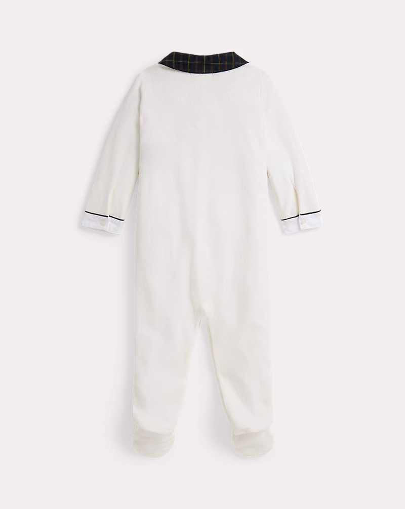 チェックトリム ベロア フッテッド カバーオール