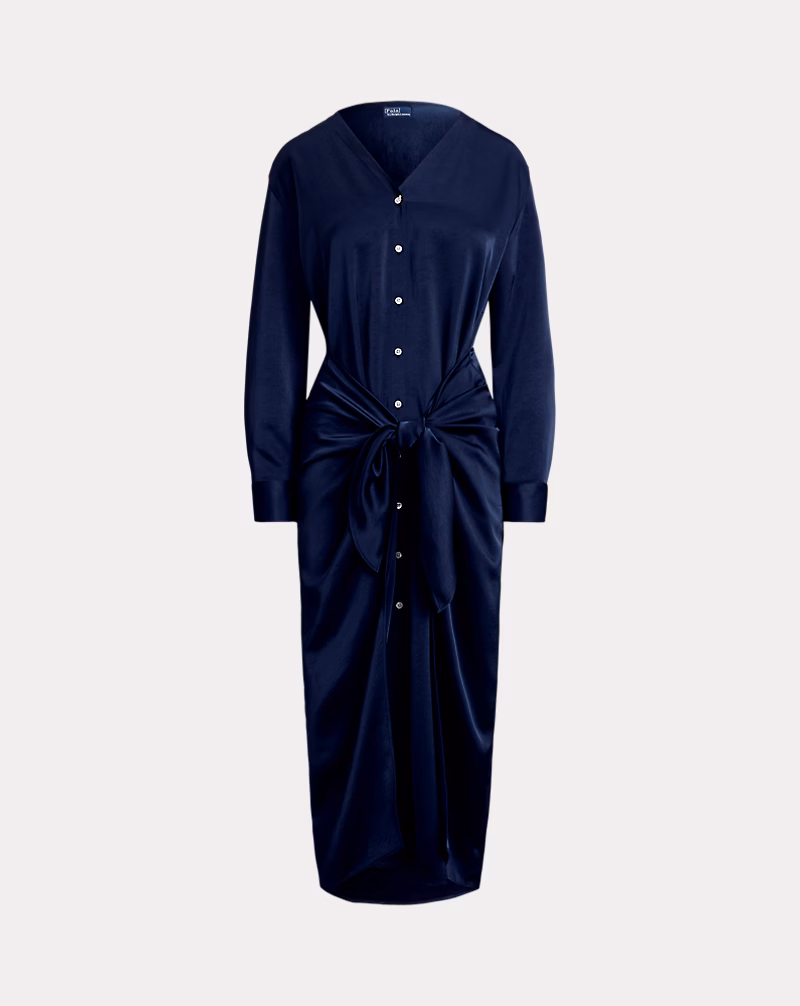 サテン タイフロント ラップ シャツドレス