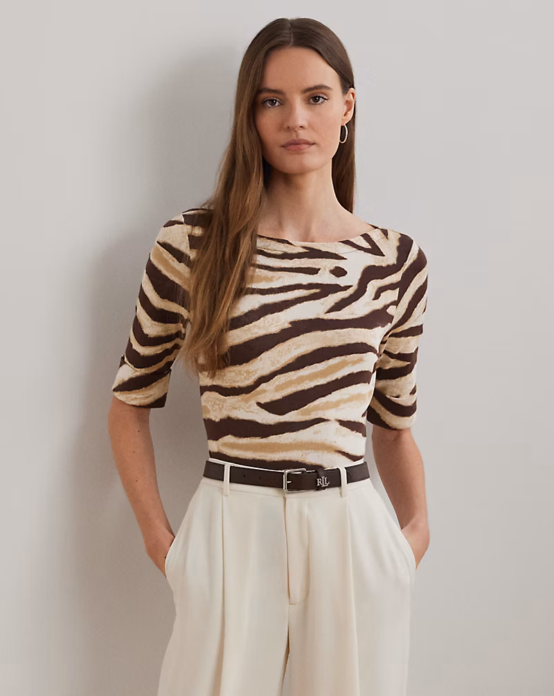 ゼブラプリント ストレッチ コットン ボートネック Tシャツ