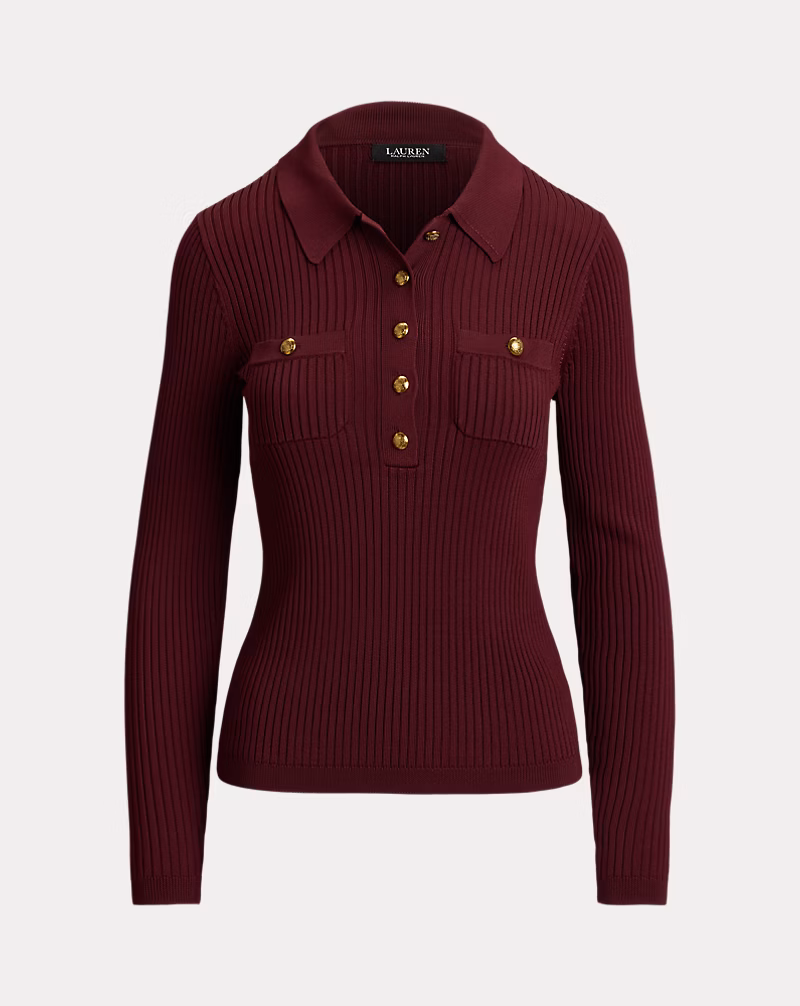 リブニット ロングスリーブ ポロ セーター