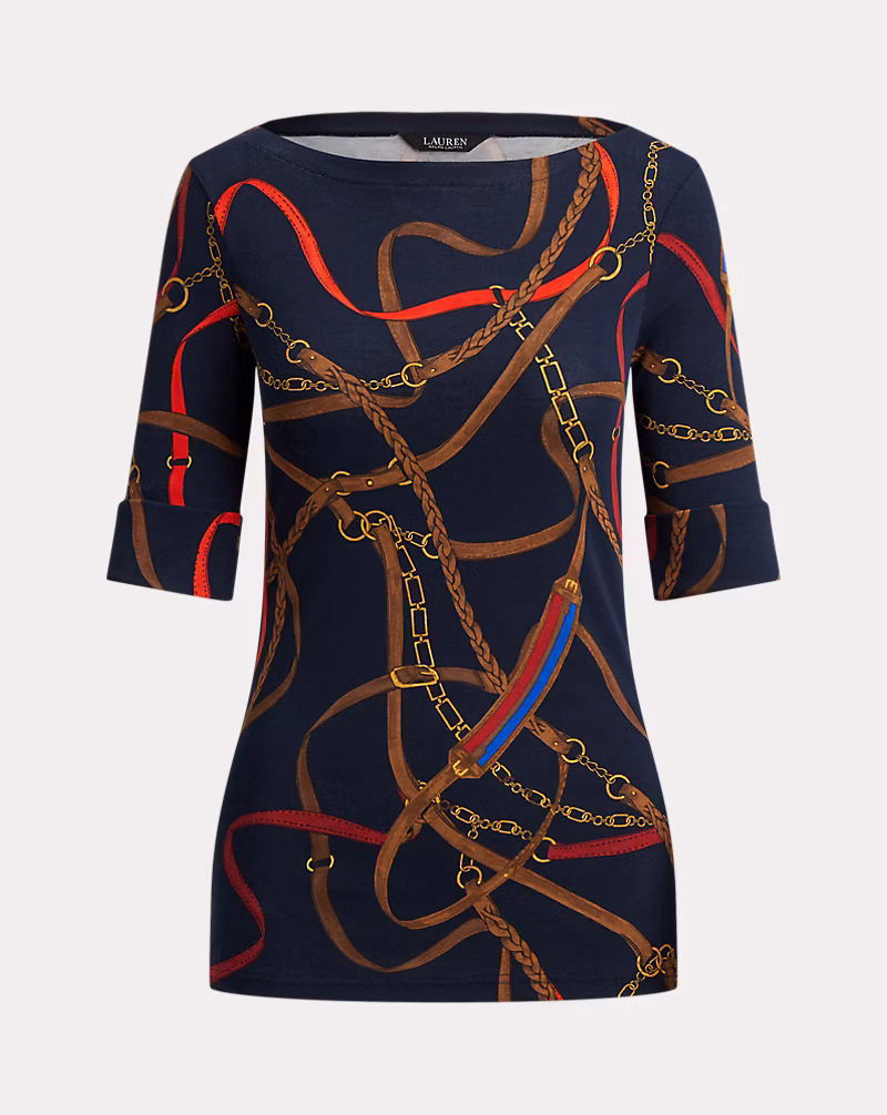 ベルティングプリント コットン ボートネック Tシャツ