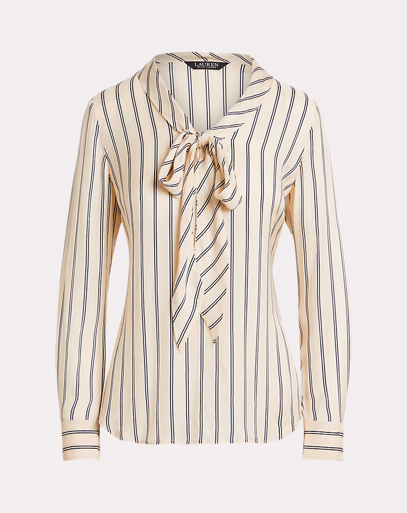 ストライプド ジャカード タイネック ブラウス