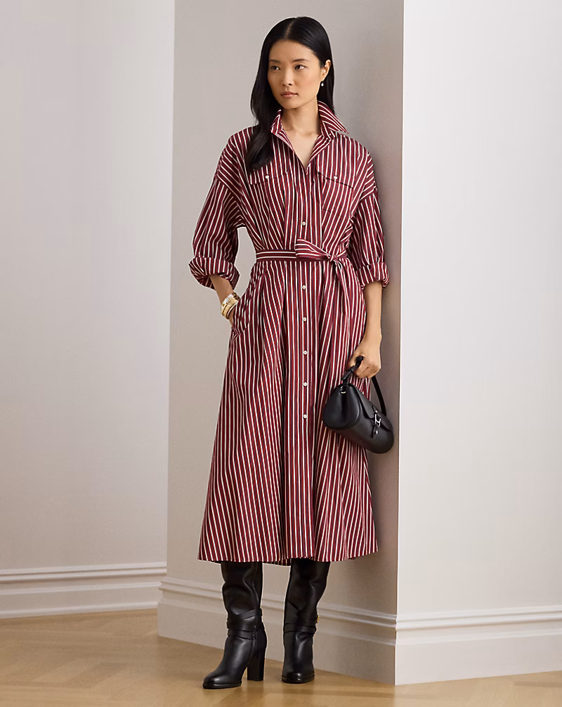 ストライプド ベルテッド ブロードクロス シャツドレス