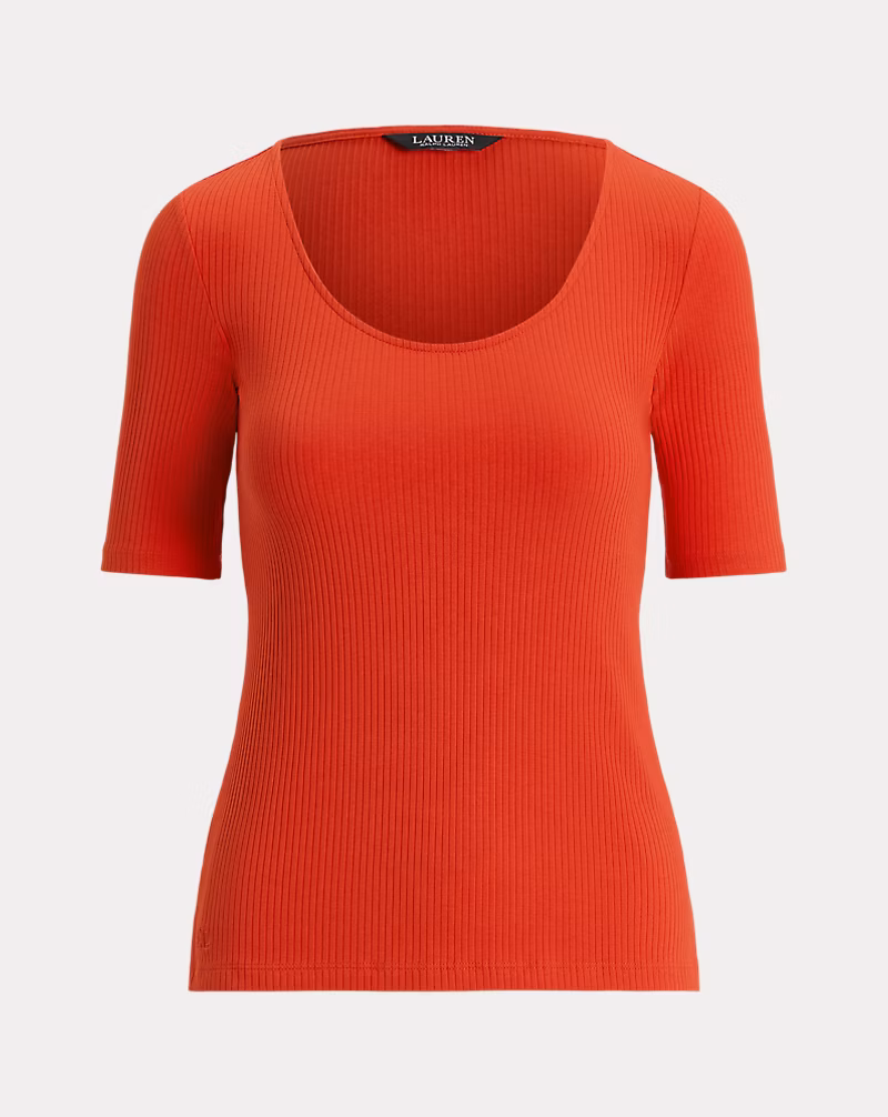 リブニット コットンブレンド エルボースリーブ Tシャツ