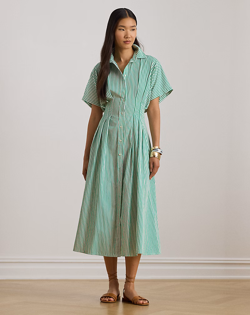 ストライプド プリーテッド ブロードクロス シャツドレス