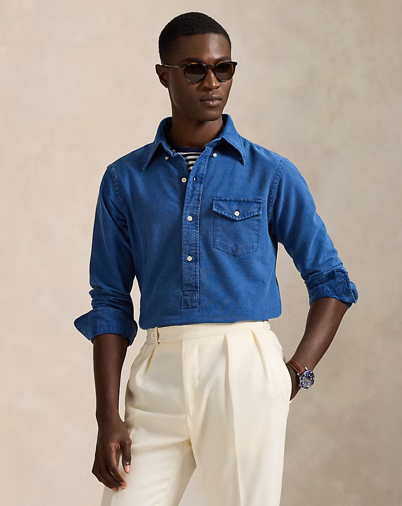 クラシック フィット インディゴ オックスフォード ポップオーバー シャツ