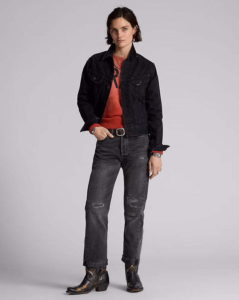 ボーイ フィット ブラック リペアード ジーンズ