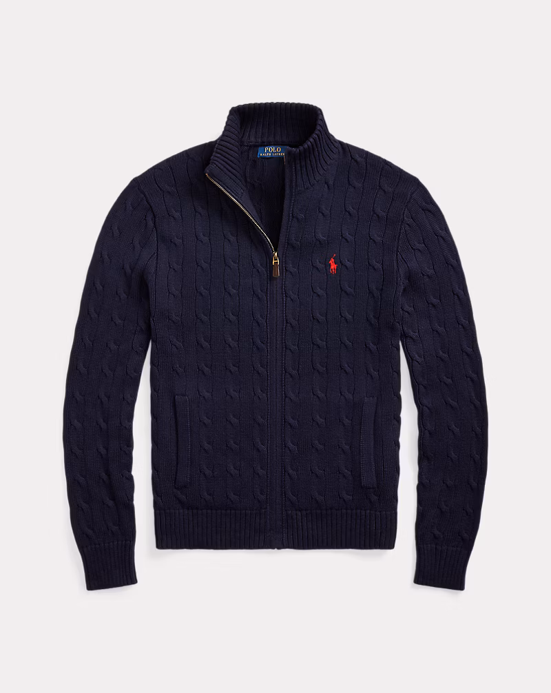 ケーブルニット コットン フルジップ セーター