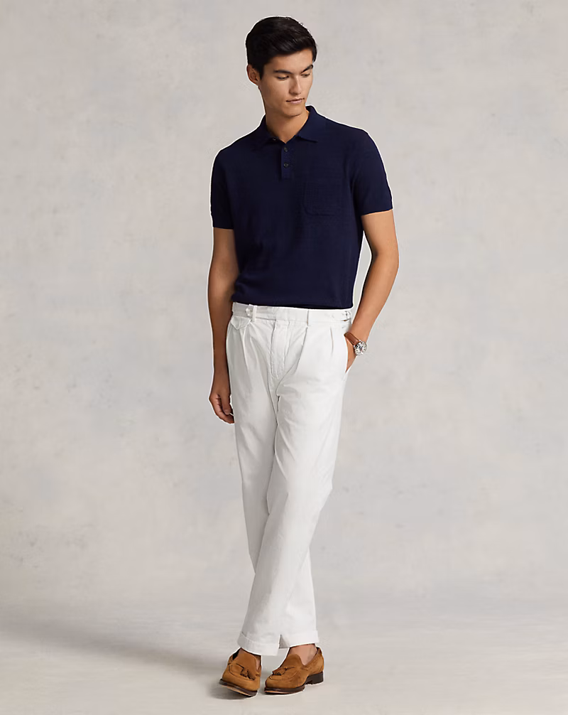 スリム テーパード フィット プリーテッド ツイル パンツ