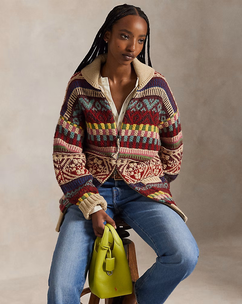 ジオメトリック ショールカラー ジップ カーディガン