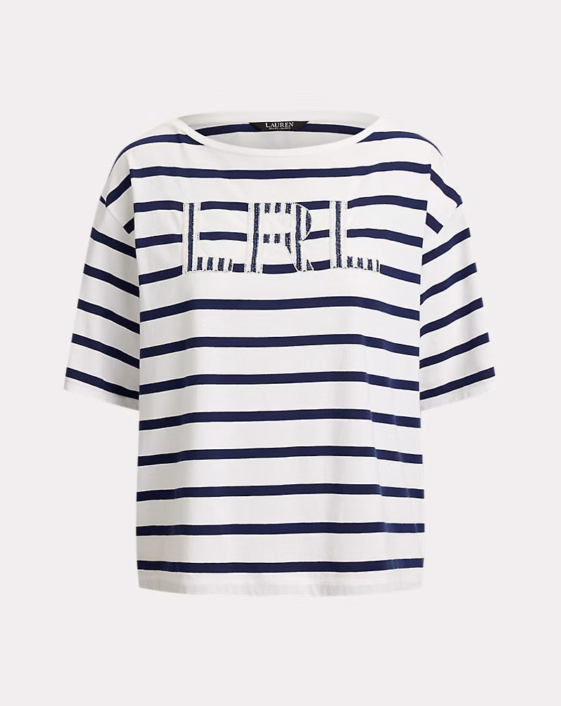 ストライプド ビーデッドロゴ コットン ジャージー Tシャツ