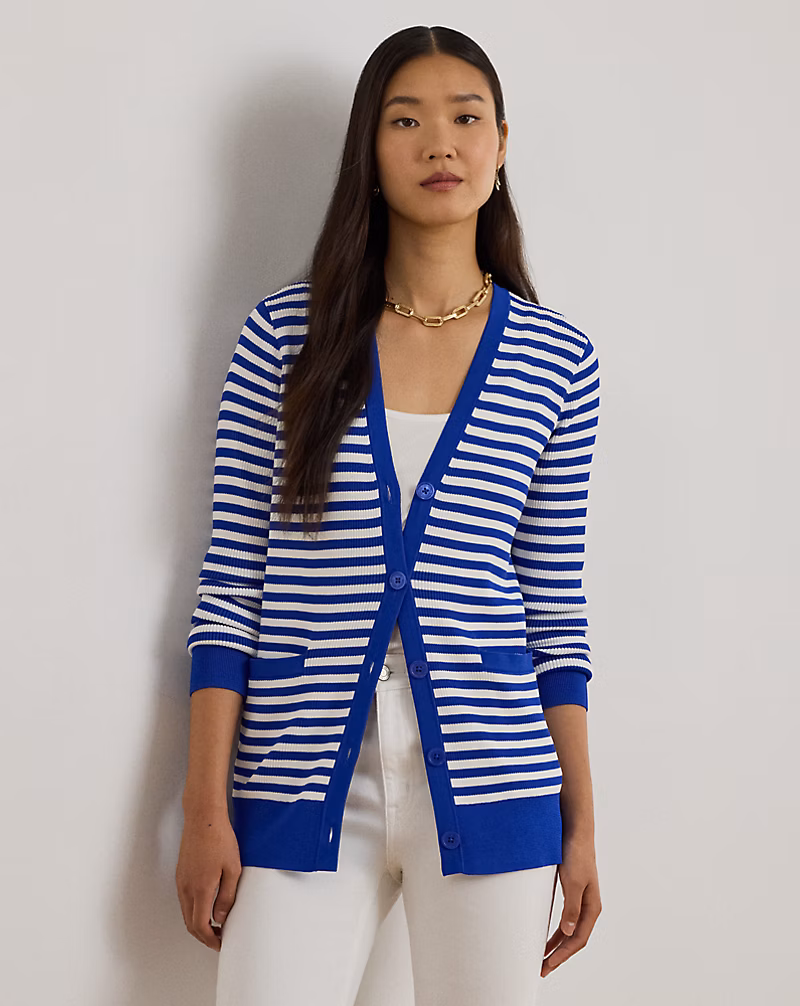 ストライプド リブニット Vネック カーディガン