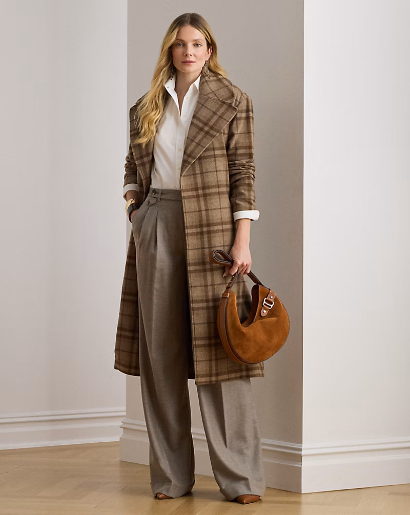 プリーテッド ウール ヘリンボーン ワイドレッグ パンツ