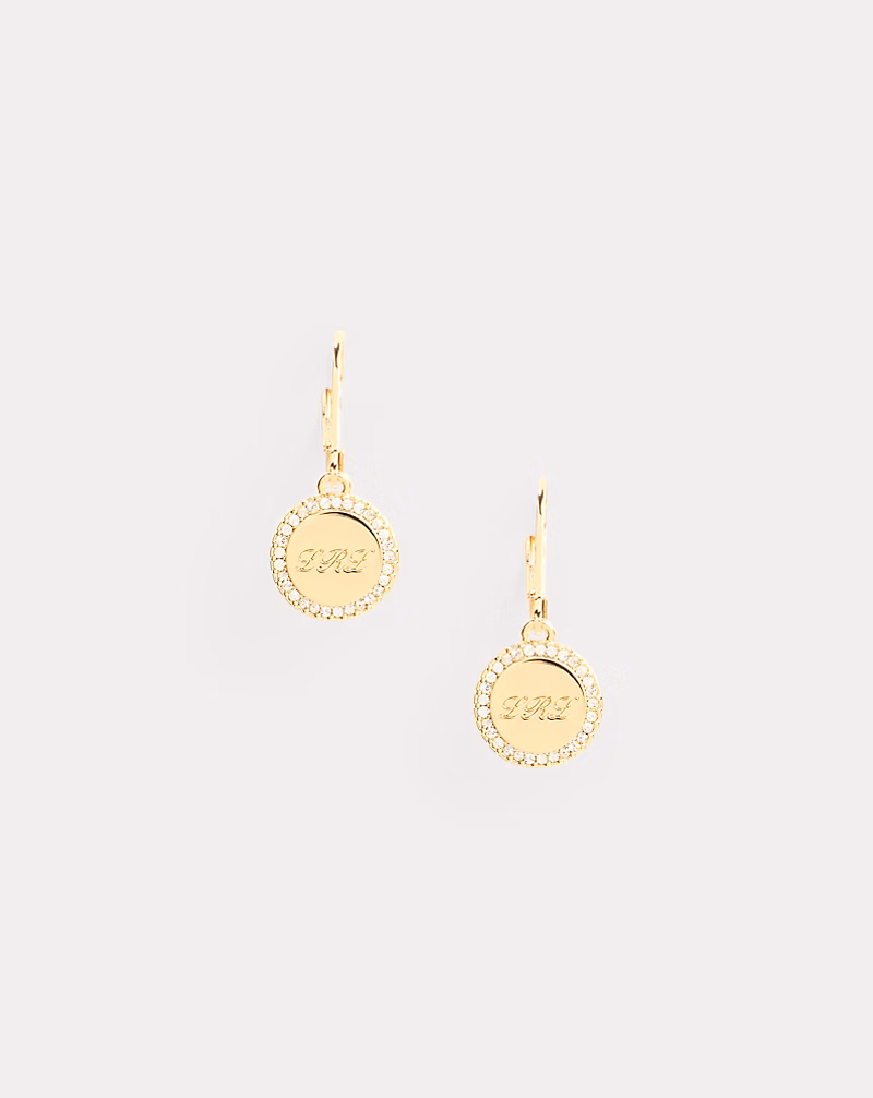 ゴールドプレーテッド パヴェ ロゴ ドロップ ピアス