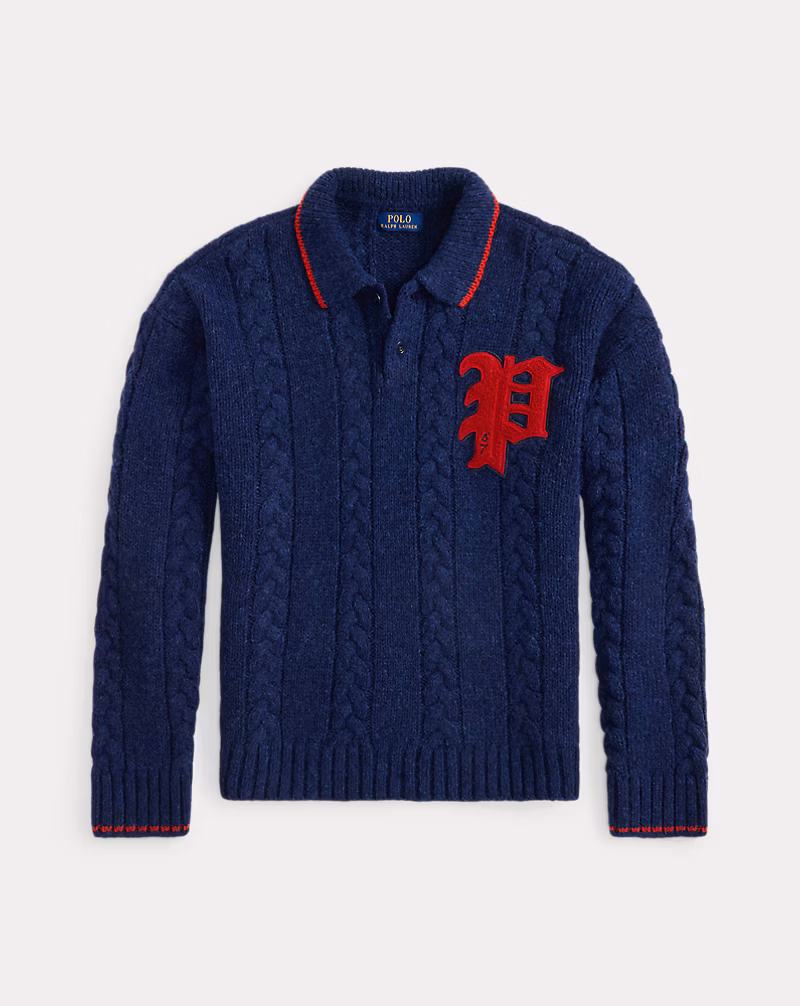 ケーブルニット ポロカラー レター セーター