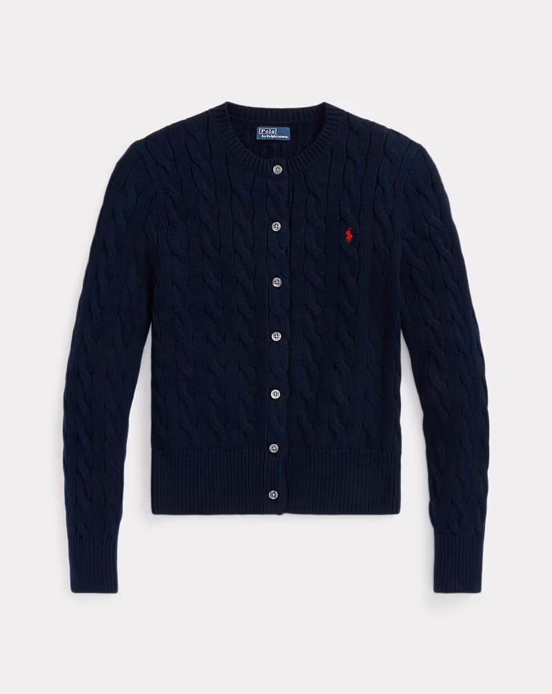 ケーブルニット コットン クルーネック カーディガン