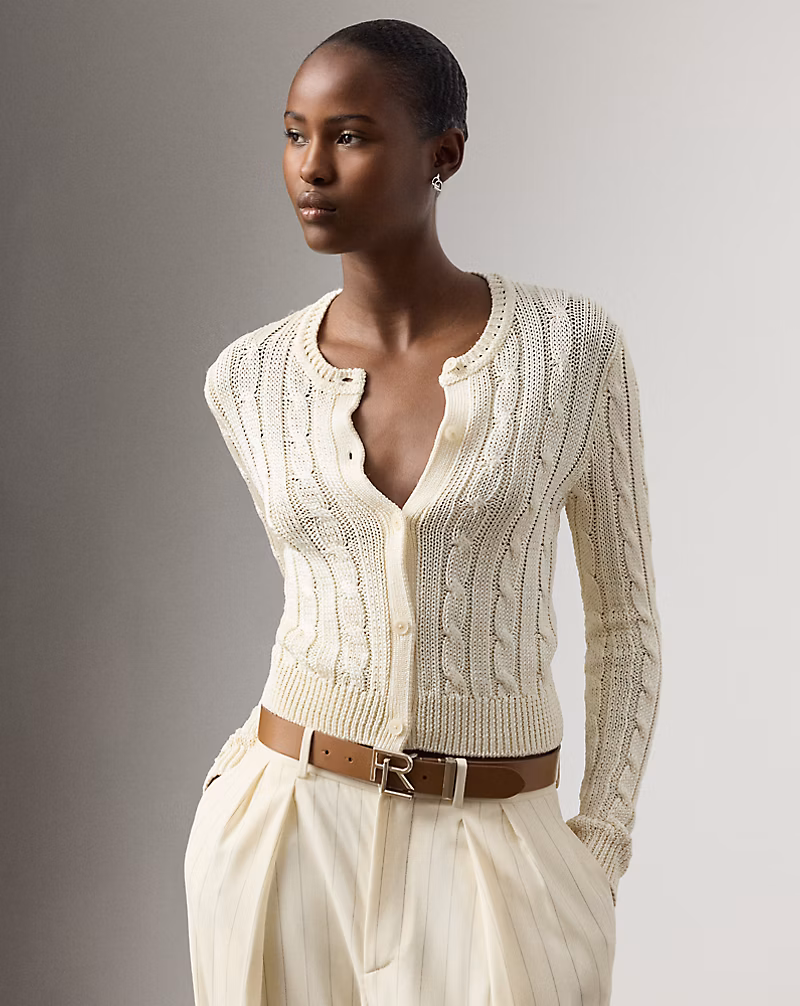 ケーブルニット シルク クロップド カーディガン