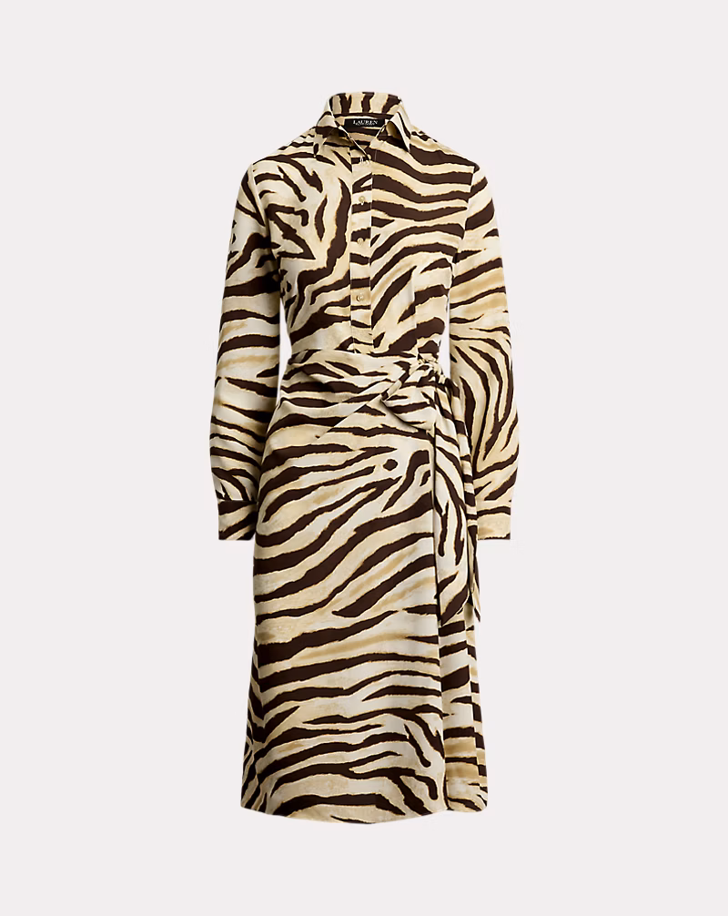 ゼブラプリント タイフロント クレープ シャツドレス