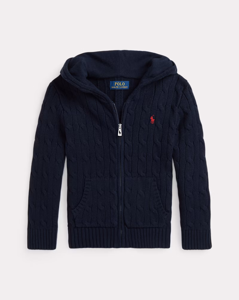 ケーブル コットン フーデッド フルジップ セーター