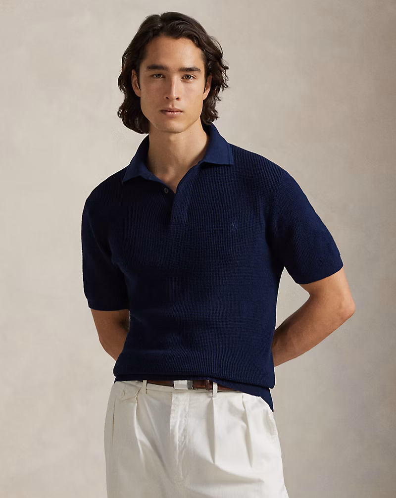 ワッフルニット コットン ポロカラー セーター