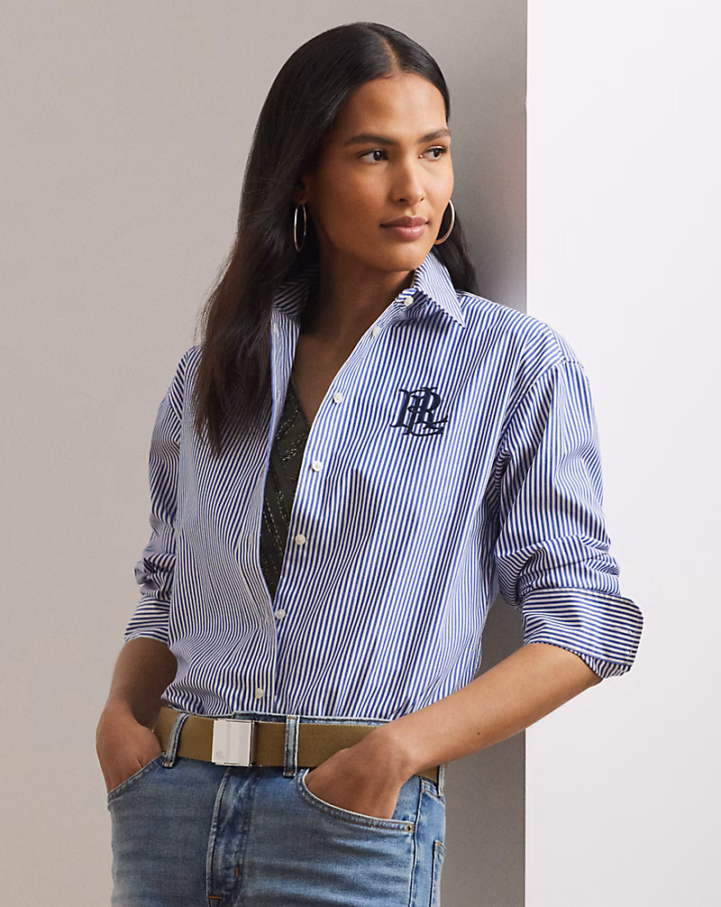 リラックスド フィット ストライプド ストレッチ コットン シャツ