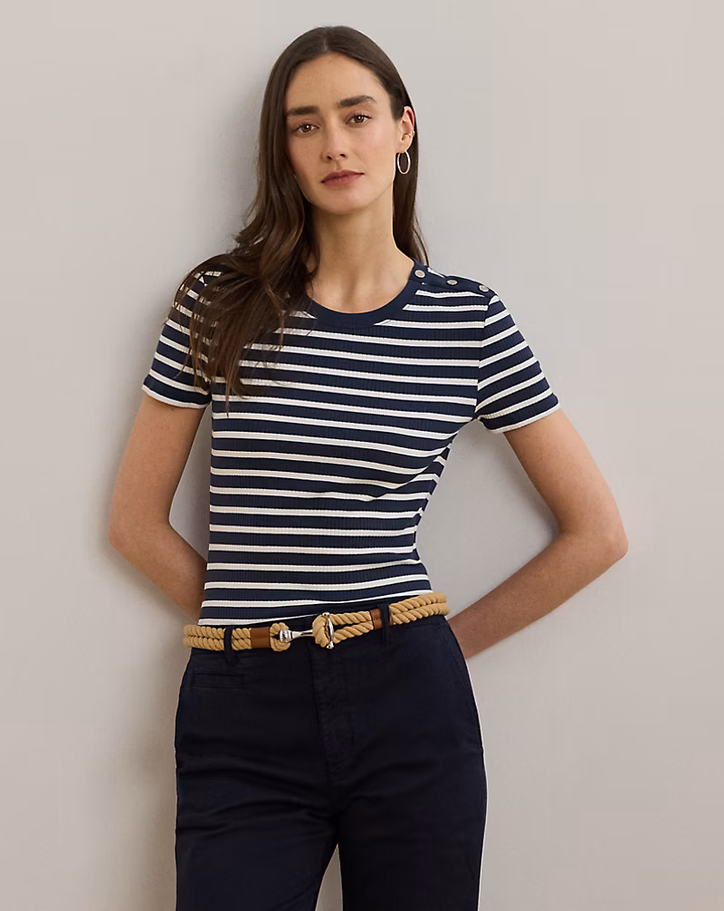 ストライプド ボタントリム リブニット Tシャツ