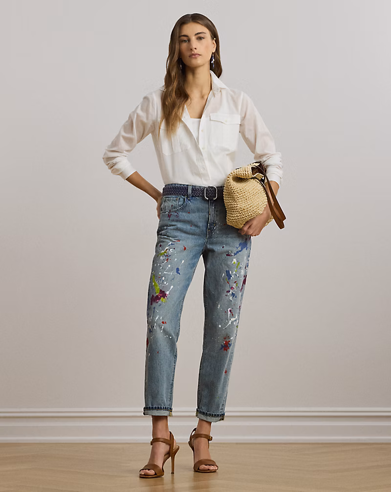 プリント ボーイフレンド テーパード アンクル ジーンズ