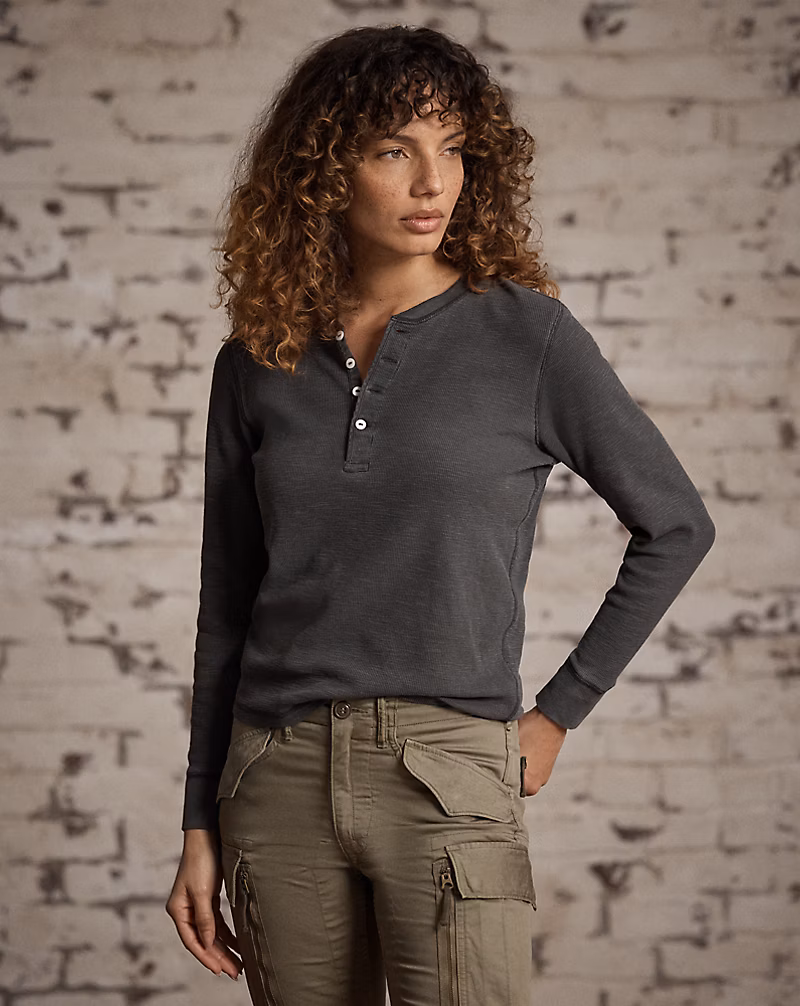 ガーメントダイド ワッフルニット ヘンリーネック シャツ