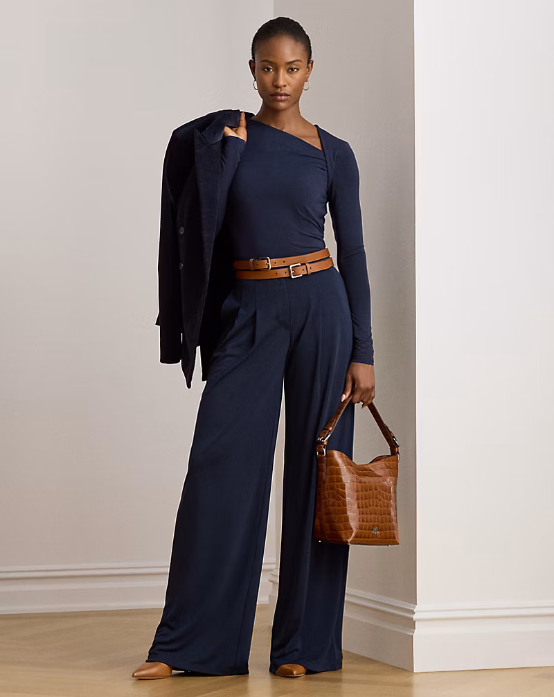 プリーテッド ストレッチ ジャージー ワイドレッグ パンツ