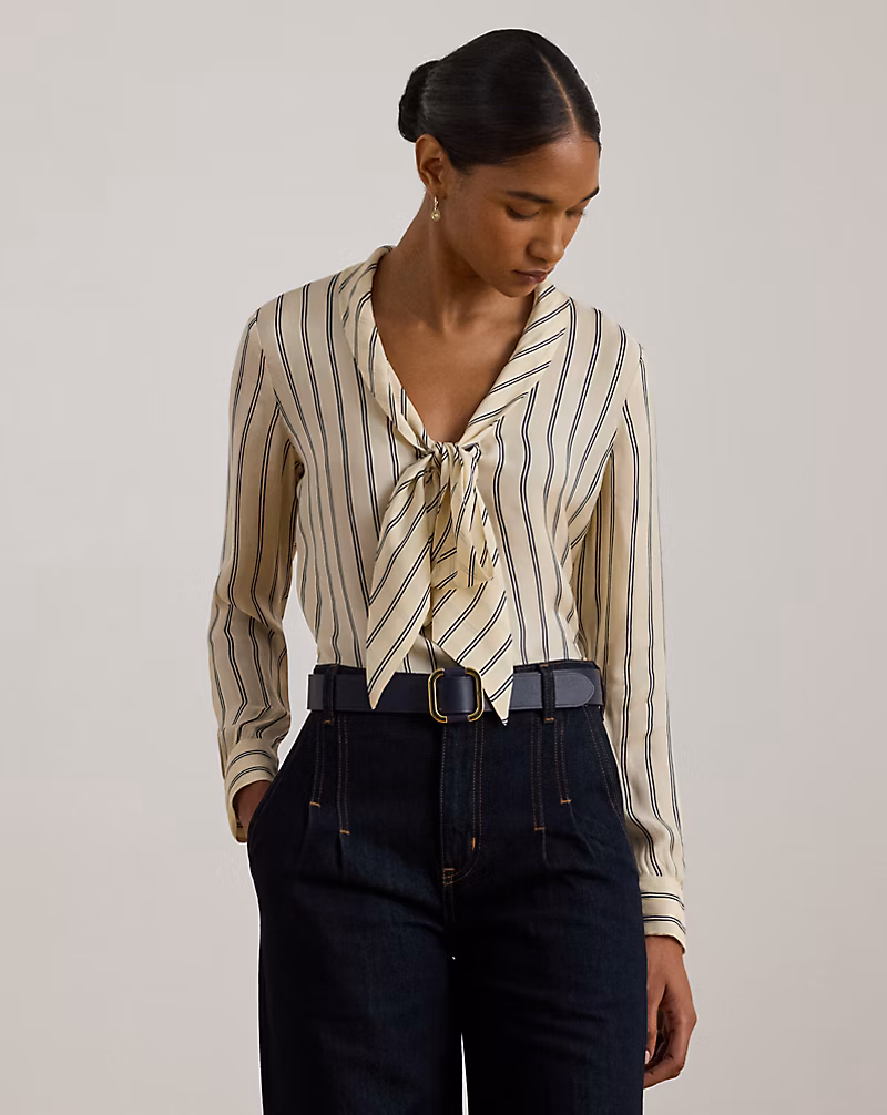 ストライプド ジャカード タイネック ブラウス