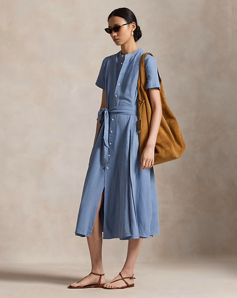 ベルテッド シルクブレンド Aライン シャツドレス
