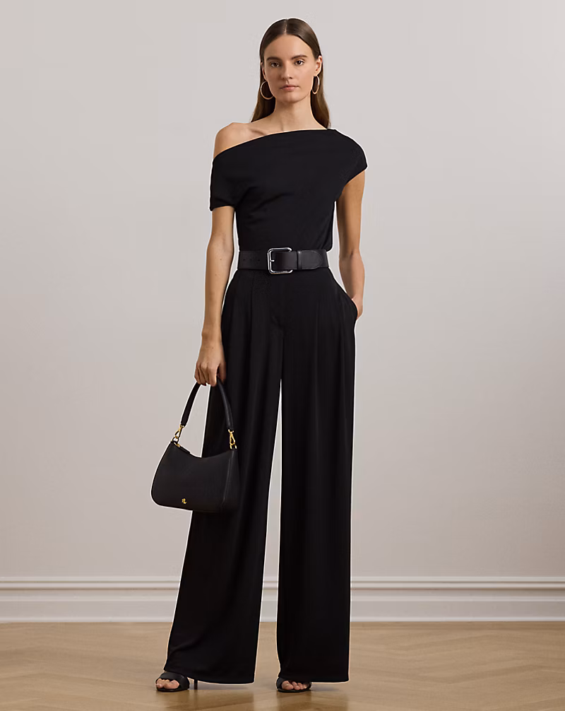 プリーテッド ストレッチ ジャージー ワイドレッグ パンツ