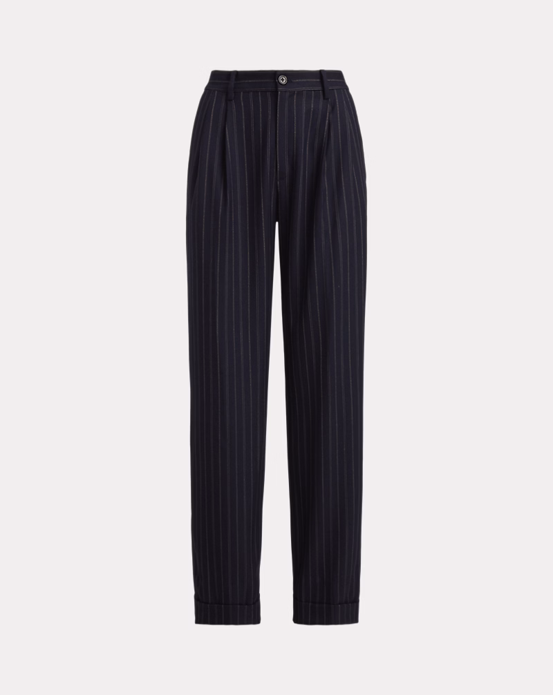 ストライプド プリーテッド ウールブレンド ツイル パンツ