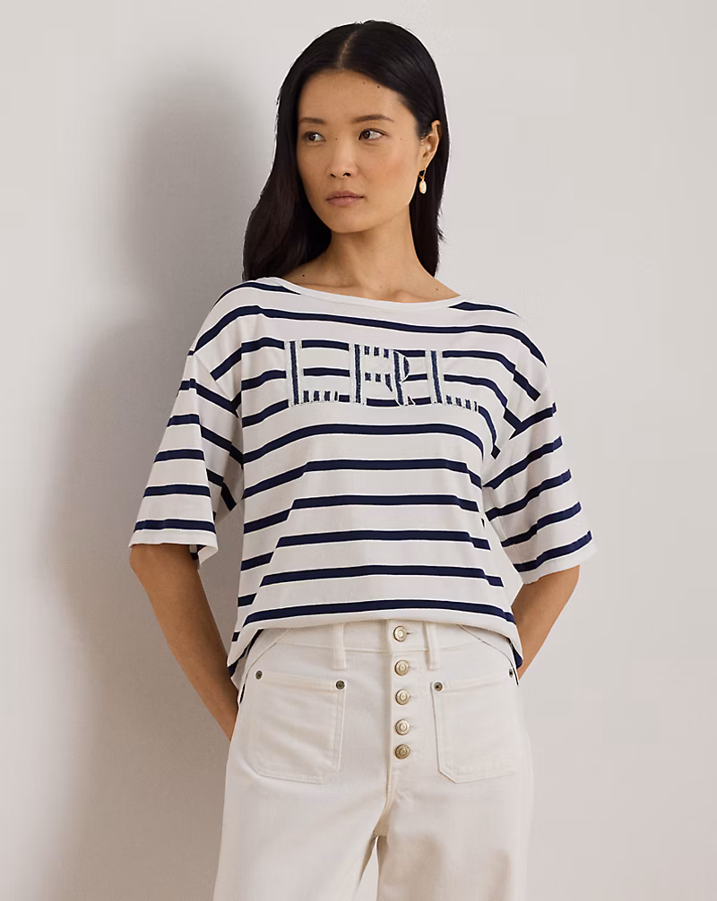 ストライプド ビーデッドロゴ コットン ジャージー Tシャツ