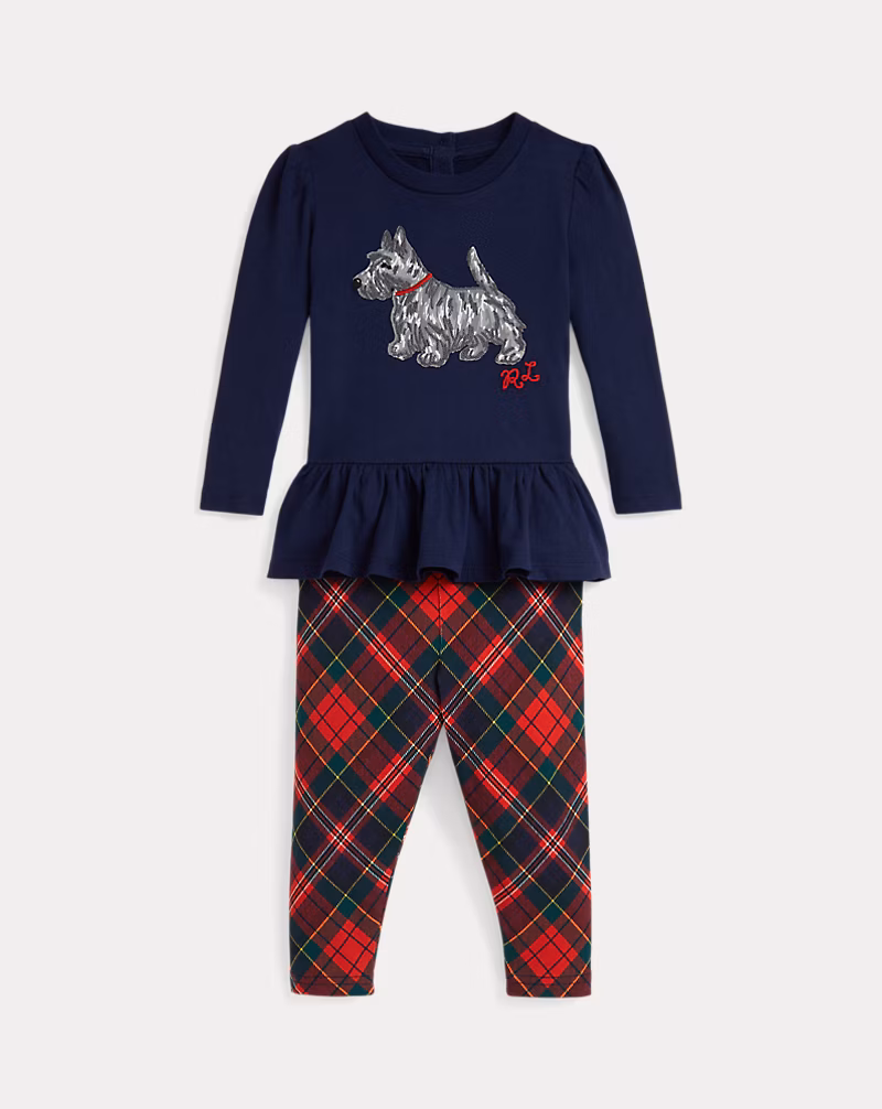 ドッグプリント ジャージー Tシャツ & チェック レギンス セット