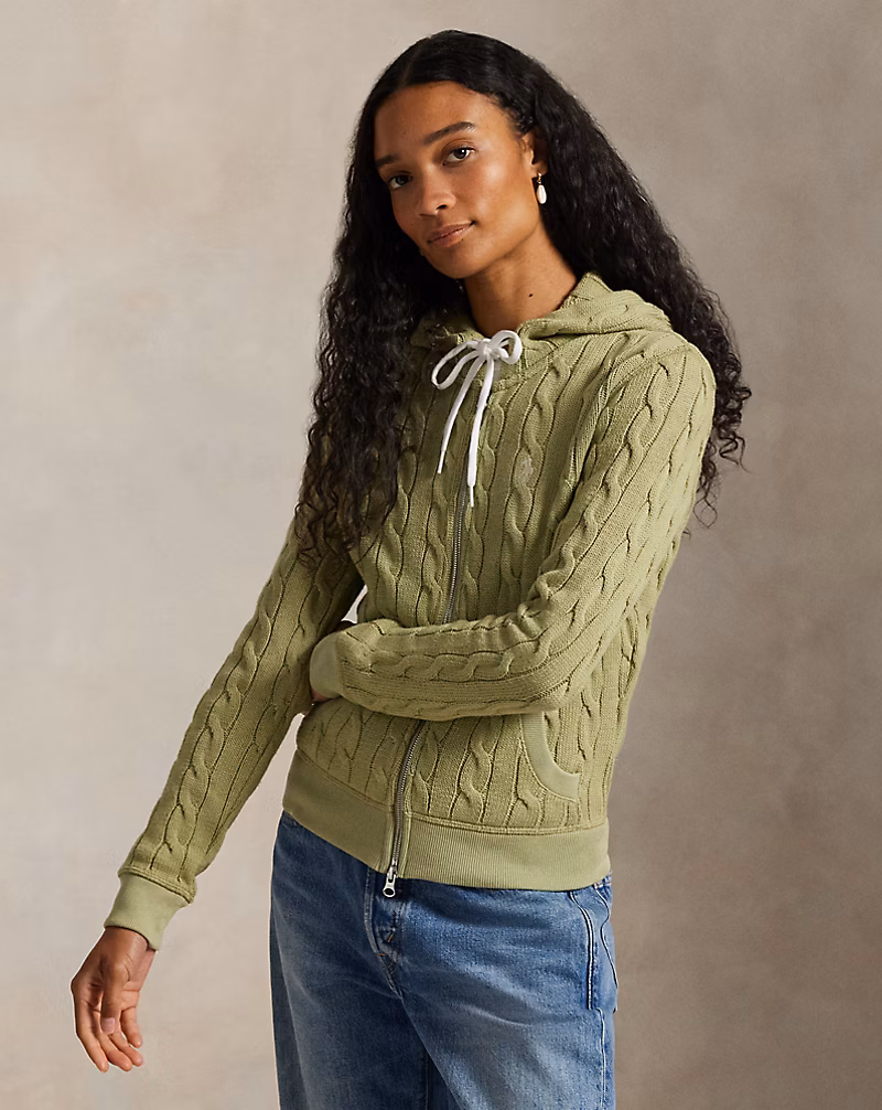 ケーブルニット コットン フルジップ フーディ