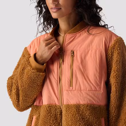 Mixed Fabric Fleece Long Coat - Women's