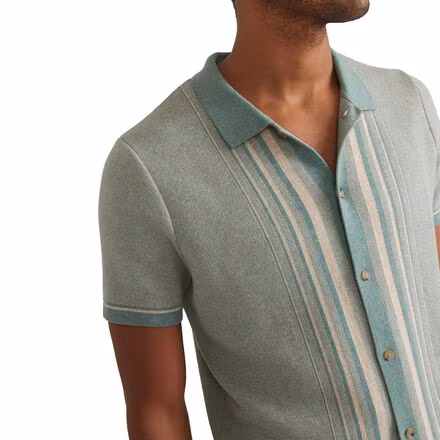 Short-Sleeve Border Stripe Button-Down Sweater - Men's