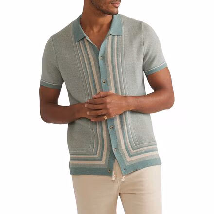 Short-Sleeve Border Stripe Button-Down Sweater - Men's