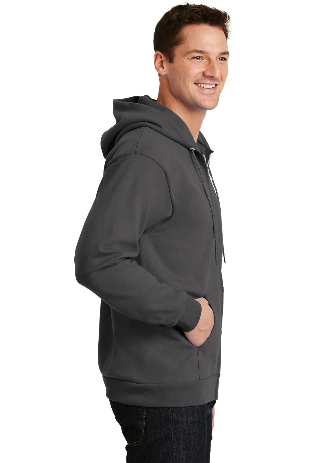 Port & Company Mens Essential Pill Resistant Fleece Full Zip Hooded Sweatshirt Hoodie - Charcoal Grey