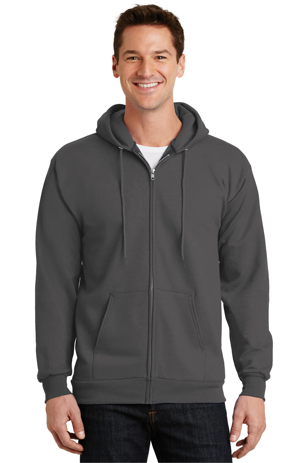 Port & Company Mens Essential Pill Resistant Fleece Full Zip Hooded Sweatshirt Hoodie - Charcoal Grey