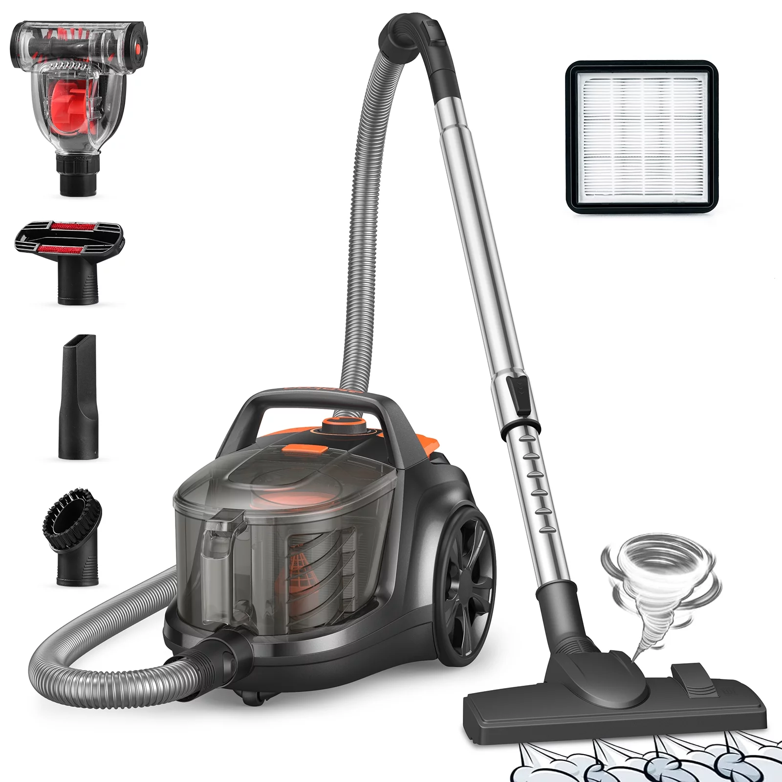 Aspiron Canister Vacuum Cleaner, 1200W 3.6QT Bagless Vacuum, Turbo Brush, Double HEPA Filter, New