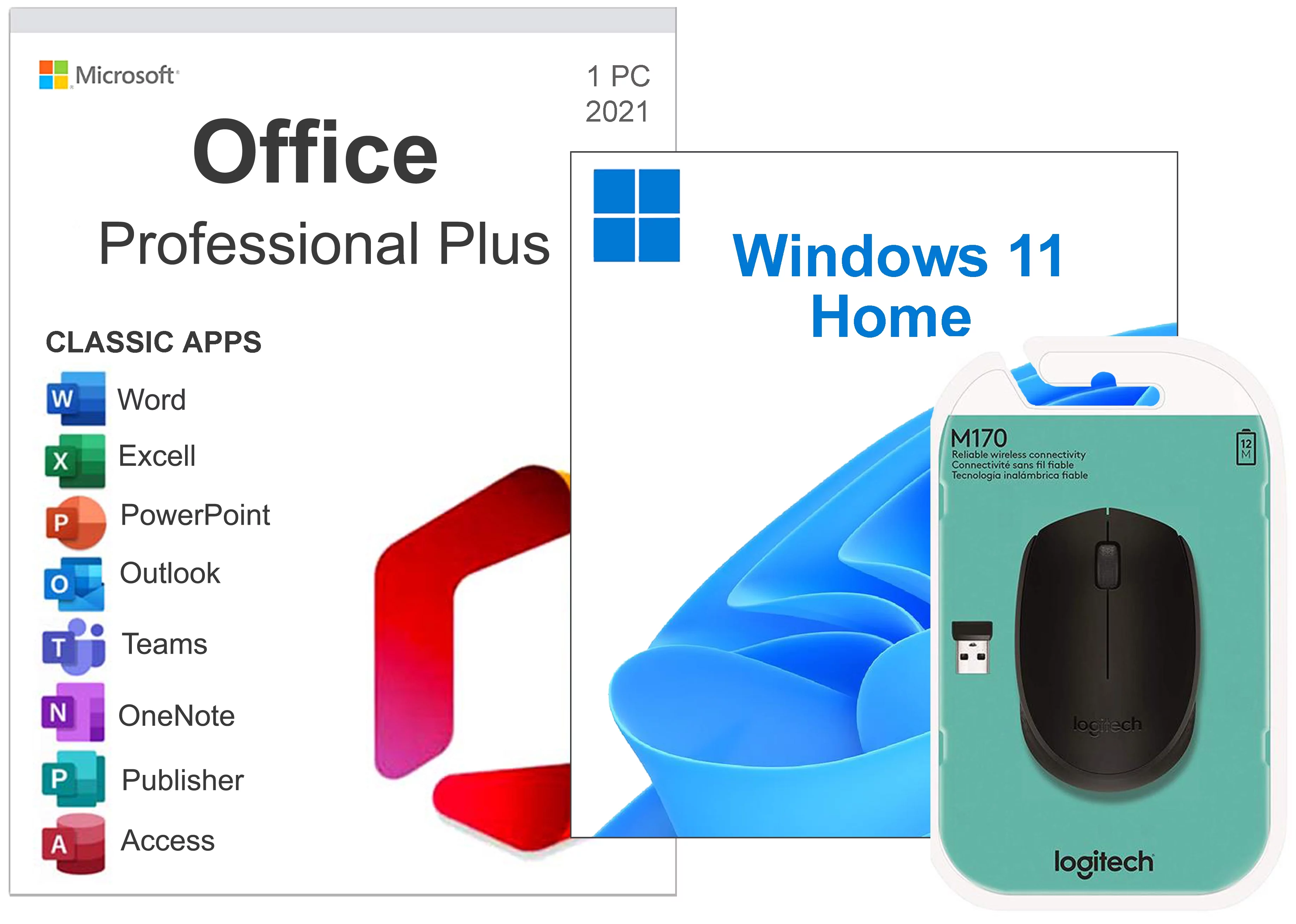 Microsoft Windows 11 Home OEM 64 Bit DVD & Office 2021 Pro Plus DVD & Wireless Logitech Mouse, 3PK