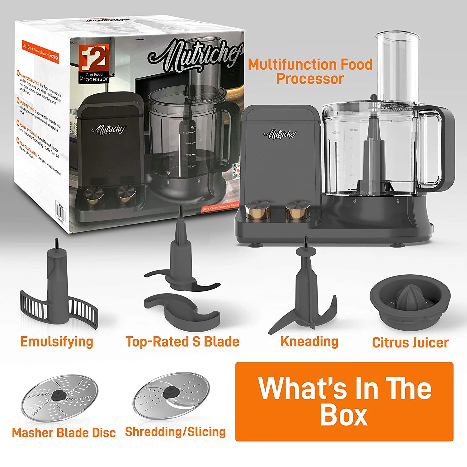 NutriChef 12 Cup Multi Function Food Processor w/ 6 Attachment Blades, Gray